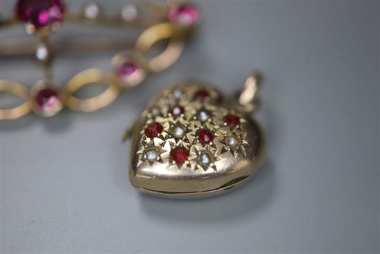 A yellow metal, garnet? and seed pearl set oval brooch, 35mm, a 10k and diamond set half hoop ring & a pendant.